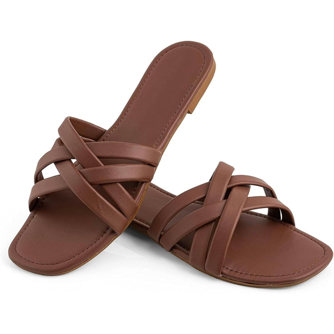 Criss Cross Leather Slides (Tan)