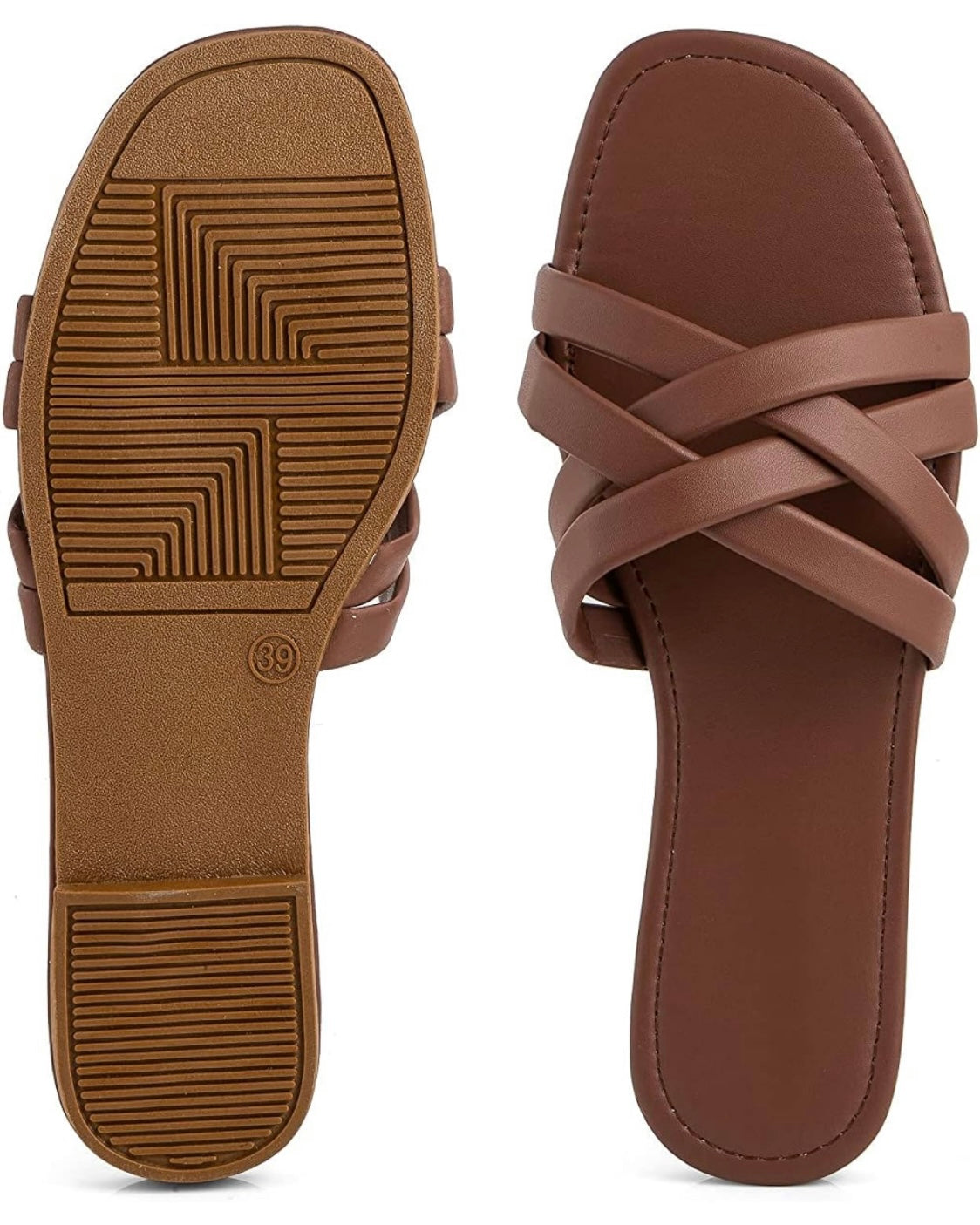 Criss Cross Leather Slides (Tan)