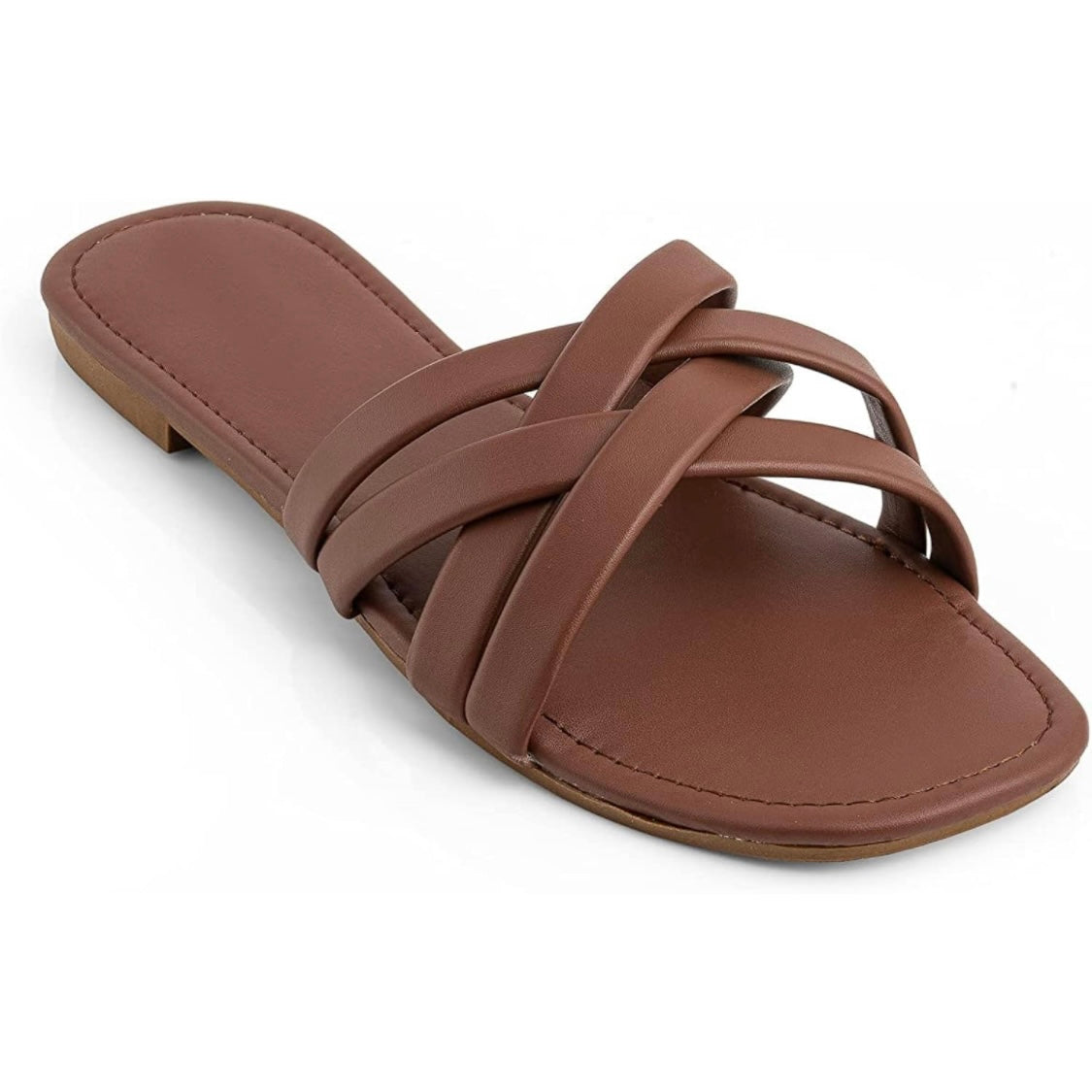 Criss Cross Leather Slides (Tan)