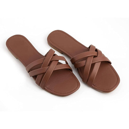 Criss Cross Leather Slides (Tan)