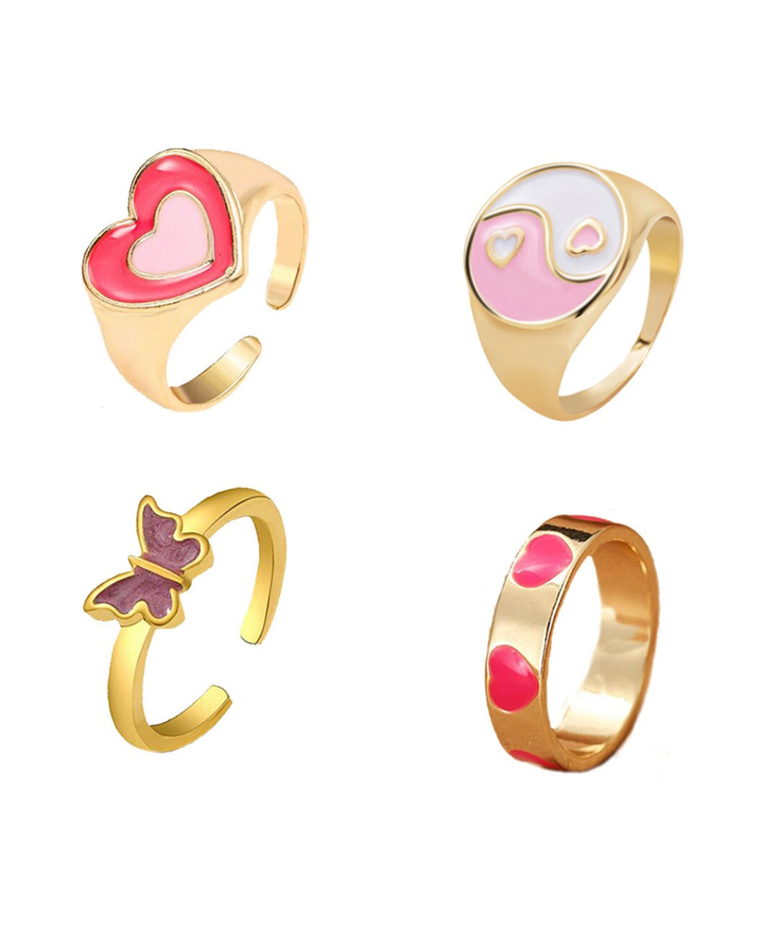 Gold Plated Pink Enamelled - Set Of 4 Rings